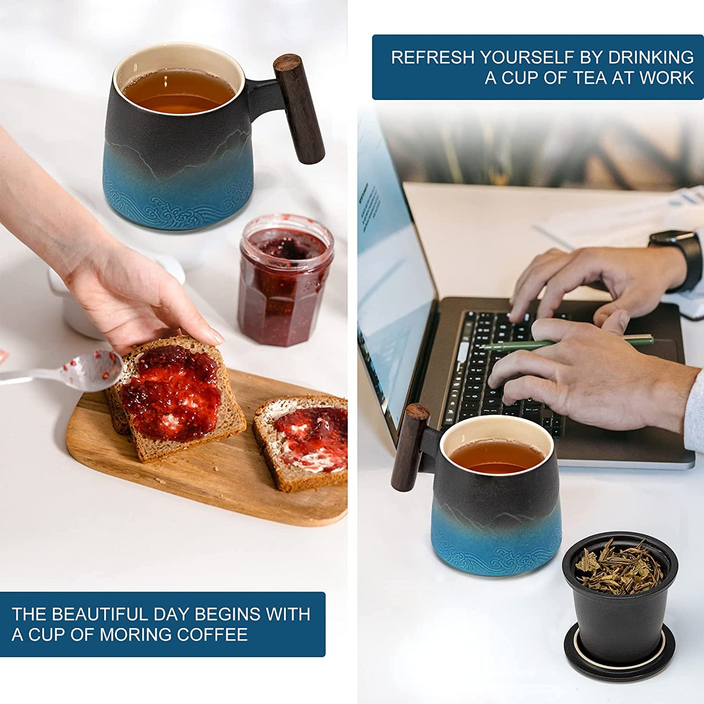 Ceramic Tea Cup with Infuser and Lid Tea Mugs Wooden Handle for Steeping Loose Leaf Tea 400ml, 13.5 oz