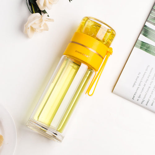 Glass Tea Bottle Double Layer Glass Tea Infuser,14 oz Travel Mug with Strainer Tea Bottle for Loose Leaf Tea-Tea Bottle with Stainless Steel Mesh Filter